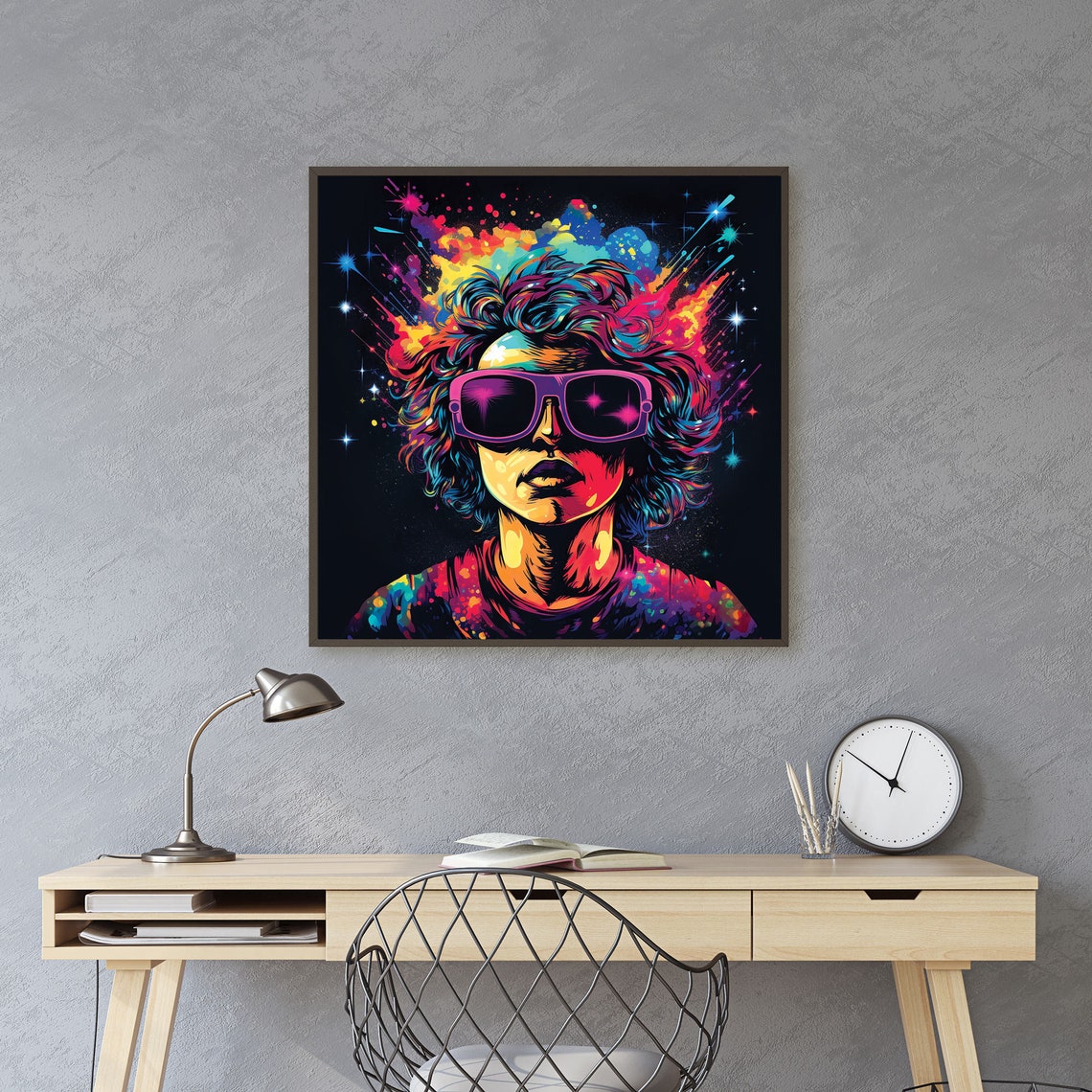 Neon Pop Art Woman Sunglasses Cosmic Starburst Style Portrait Print - Image 3