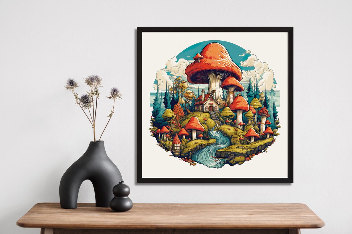 Mushroom Village Whimsical Red Caps Fantasy Forest House Poster - Image 5
