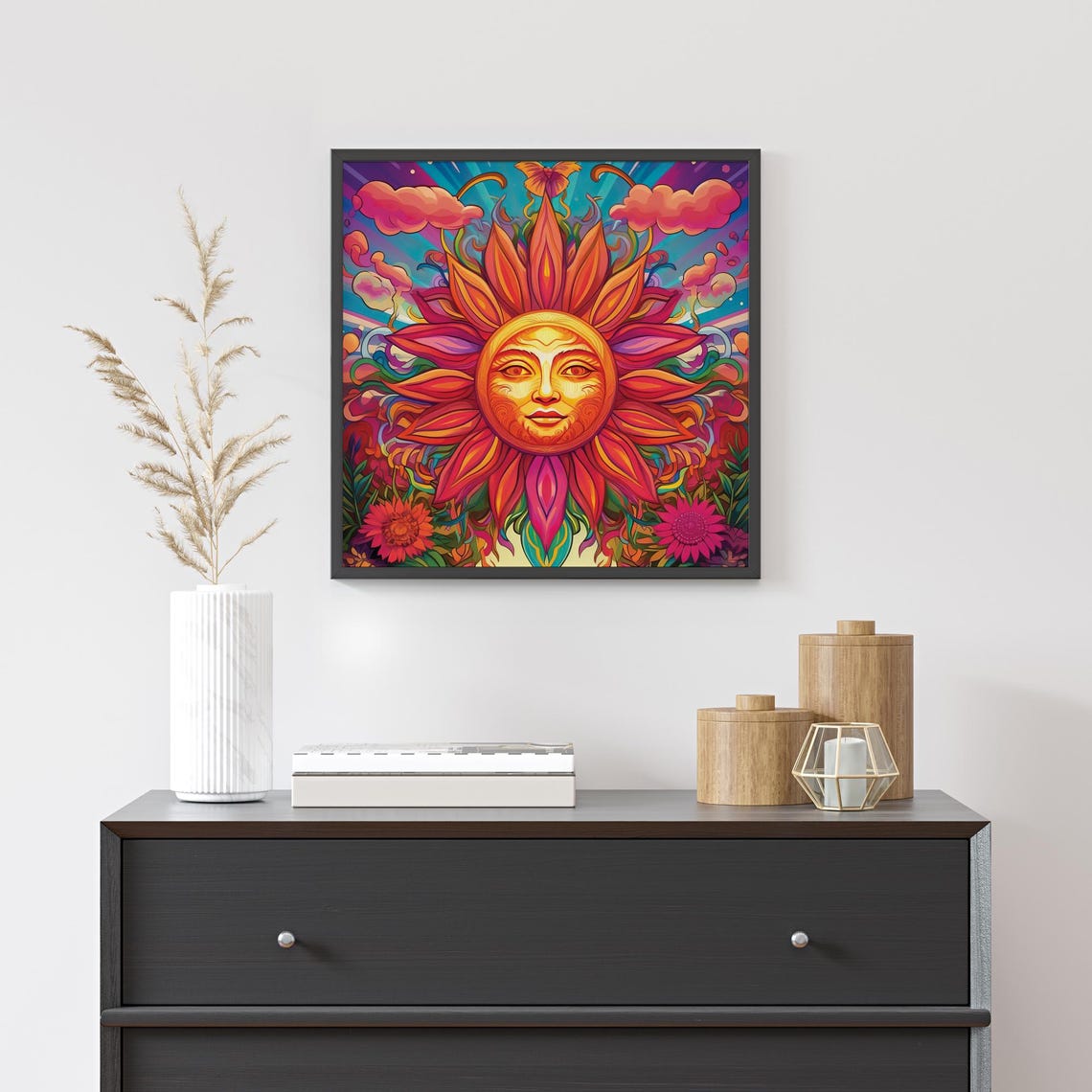 Psychedelic Sun With Face Colorful Boho Sunburst Flower Poster - Image 2