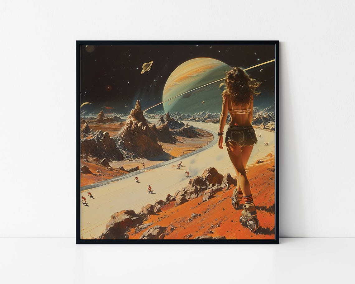 Woman Roller Skating Mars Retro Sci Fi Planet Adventure Poster