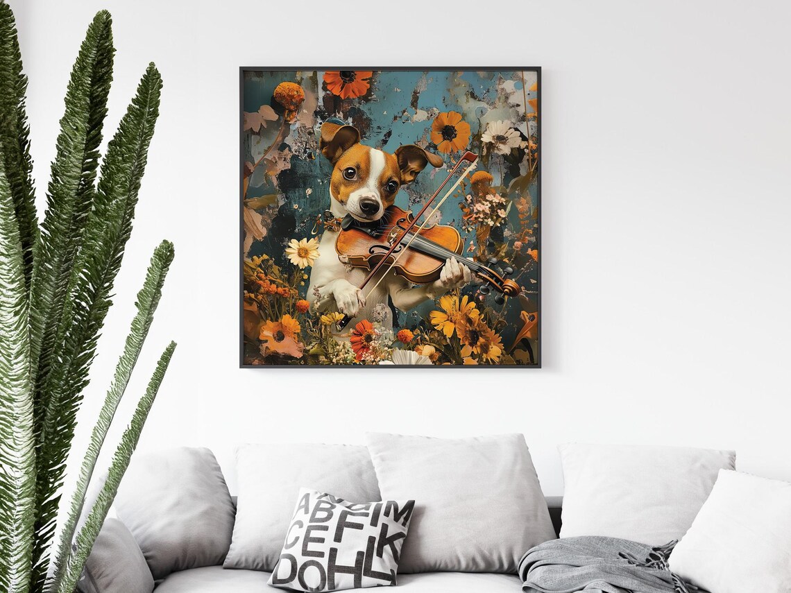 Dog Violin Flowers Jack Russell Musical Puppy Vintage Art Poster - Image 3