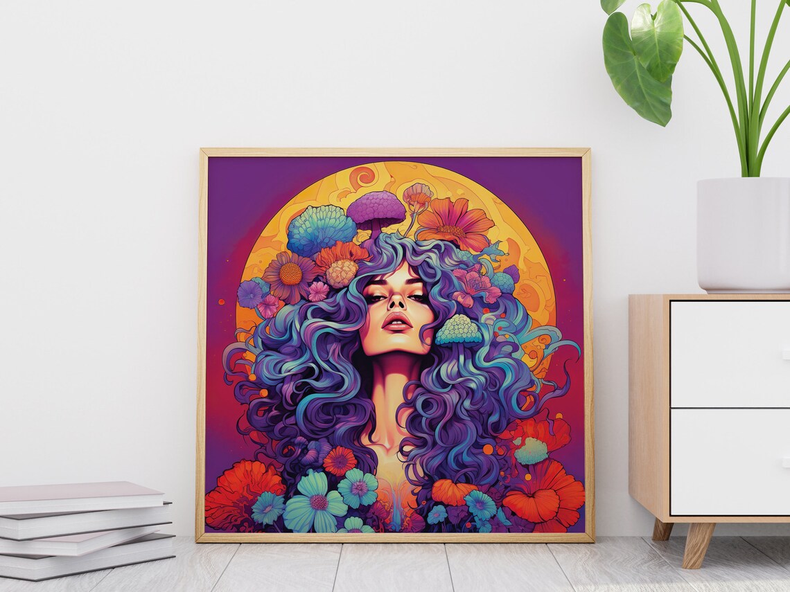 Hippie Moon Goddess Blue Hair Flowers Mushrooms Psychedelic Wall Art - Image 5
