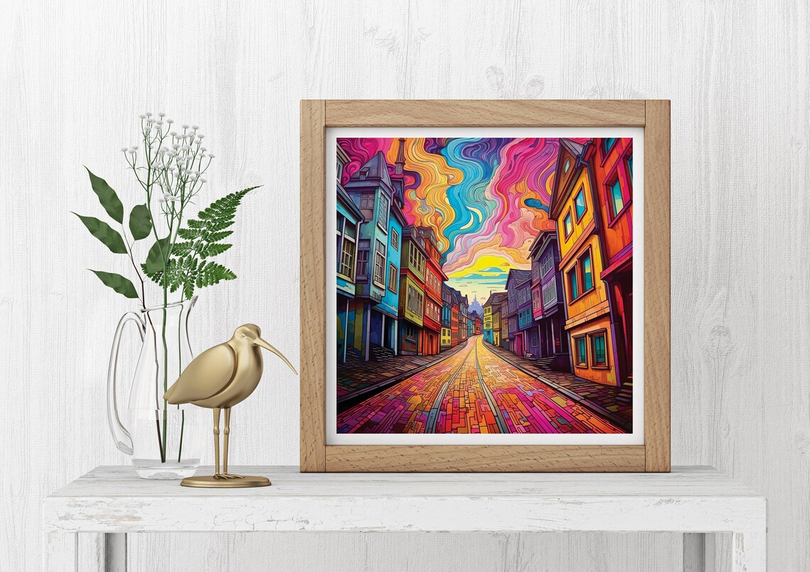 Colorful Psychedelic City Street Swirling Sky Urban Art Poster - Image 3