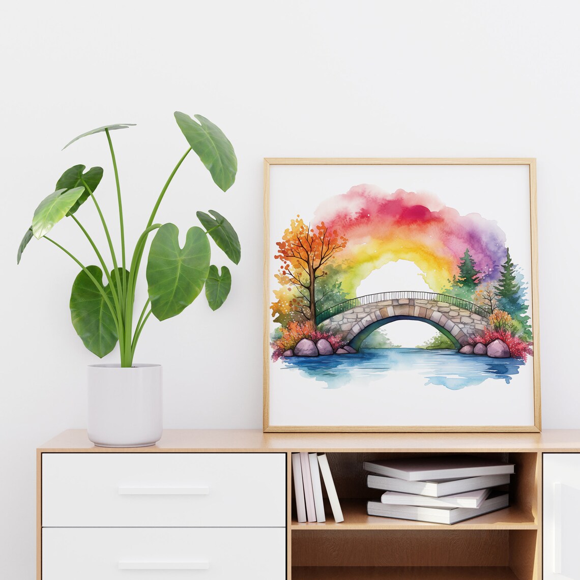 Stone Bridge Rainbow Watercolor Autumn River Serene Landscape Poster - Image 2