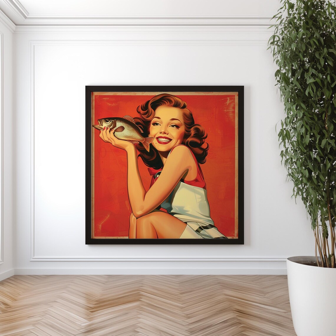 Vintage Pin Up Girl Holding Fish Retro Funny Fishing Humor Poster - Image 2