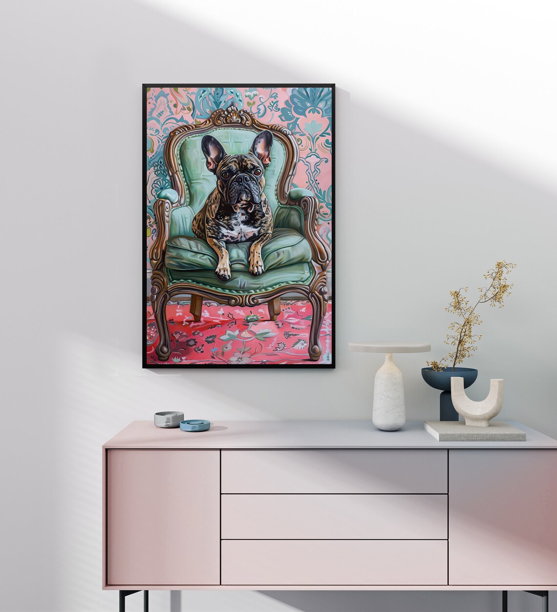 Brindle French Bulldog Throne Chair Pink Elegant Dog Portrait Poster - Image 4