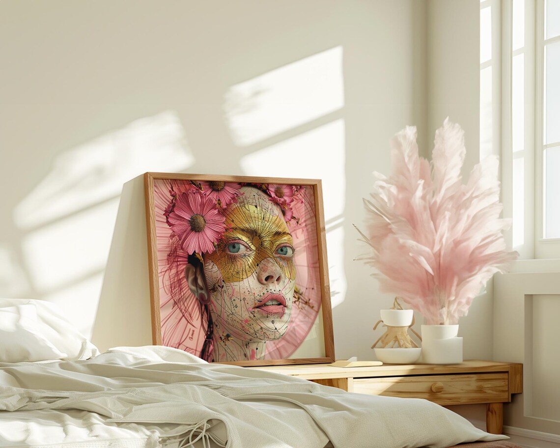 Golden Line Face Mask Pink Flowers Avant Garde Woman Art Poster - Image 2