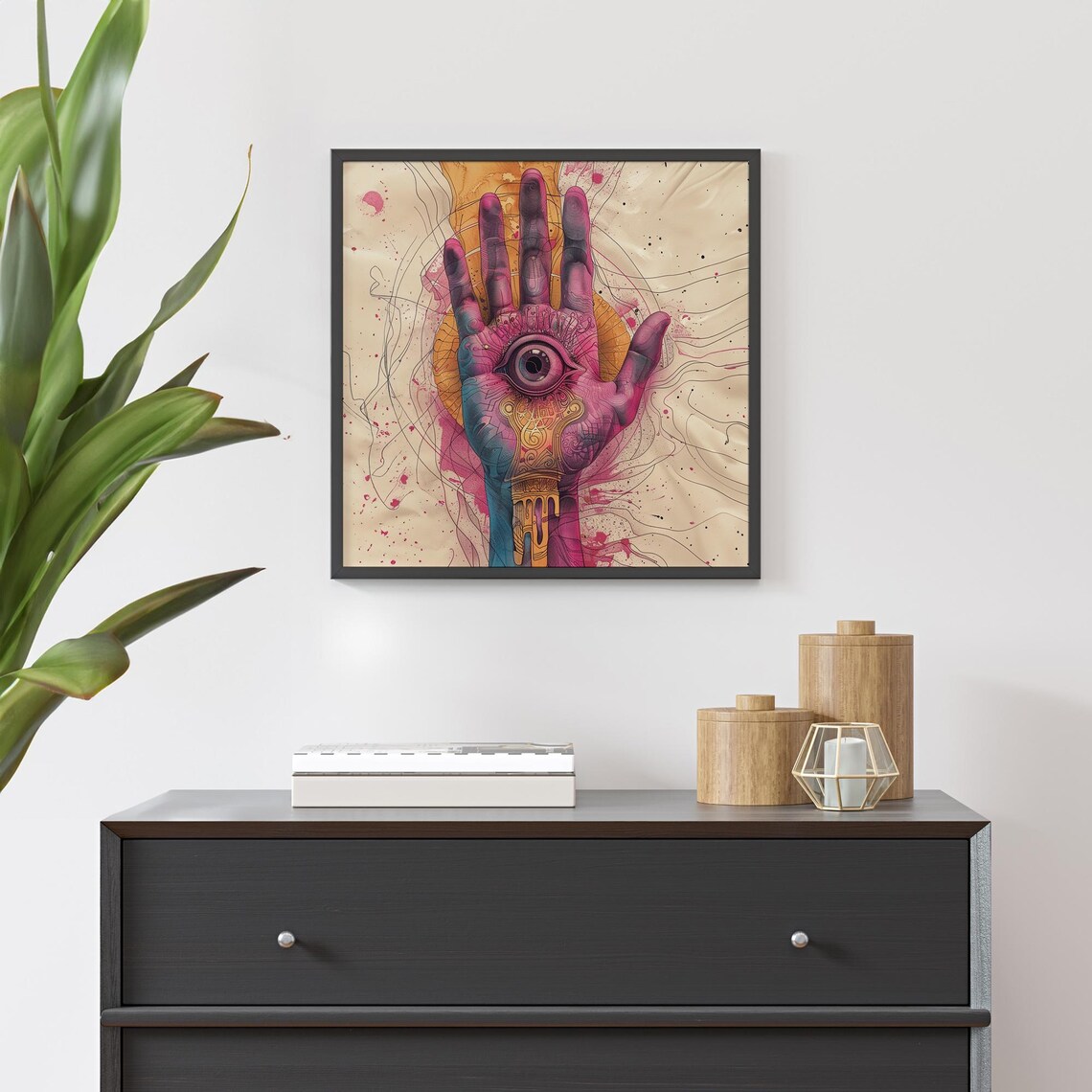 Minimalist Hand With Eye Surreal Pink Watercolor Mystic Poster - Image 5