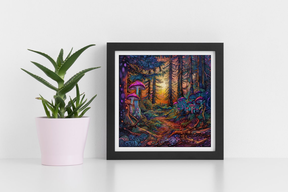 Psychedelic Redwood Forest Magic Mushrooms Sunset Trail Poster - Image 4