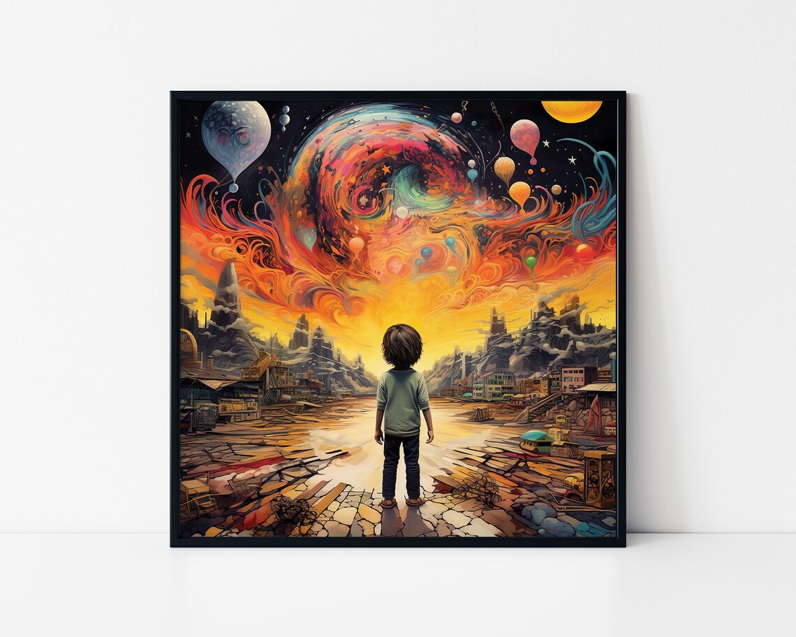 Dreamy Child Cosmic Cityscape Surreal Galaxy Balloon Wall Art