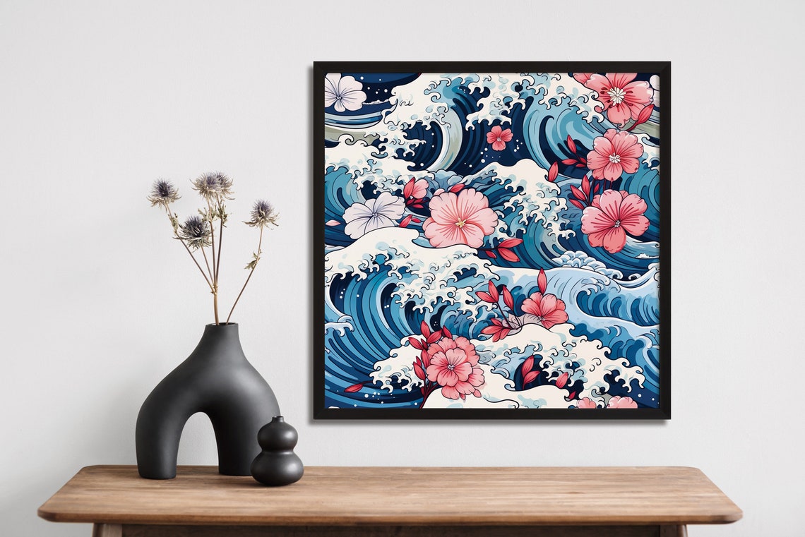 Japanese Wave Pink Flowers Ocean Swell Cherry Blossom Art Poster - Image 3