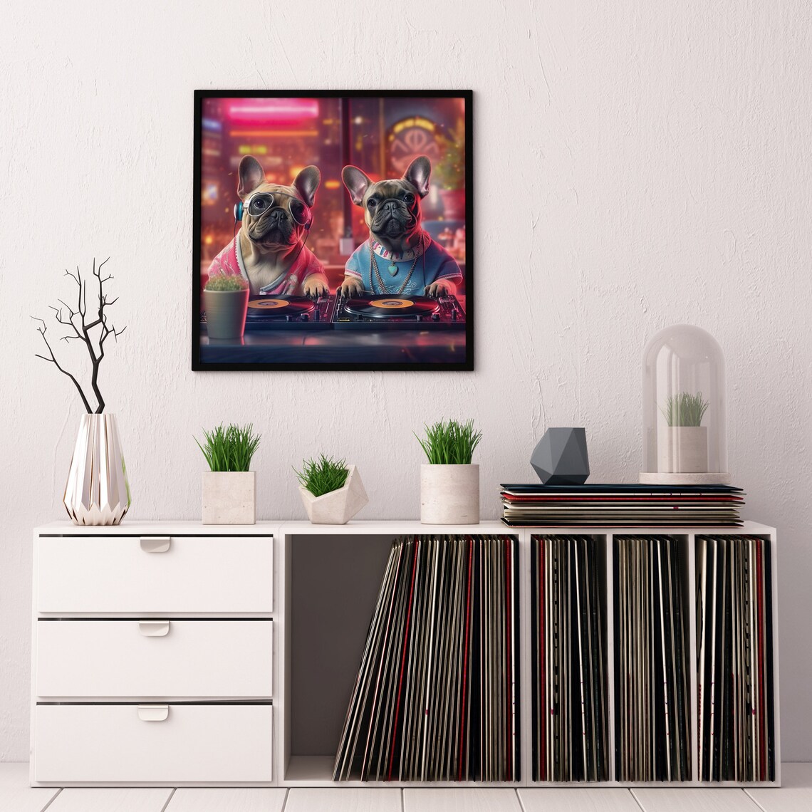 Cool Bulldogs Djs Playing Music In A Club Framed Poster Two French Bulldogs As Dj Dogs Lovers Bulldogs Djs Rave Techno Dogs Wall Art - Image 4