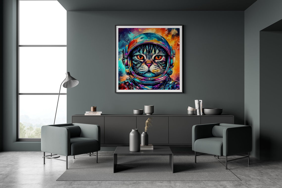 Cat Astronaut In Space Helmet Colorful Psychedelic Tabby Art Poster - Image 2