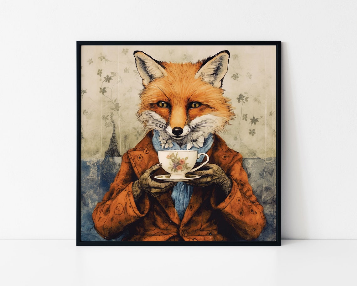 Gentleman Fox Drinking Tea Vintage British Afternoon Tea Art Print