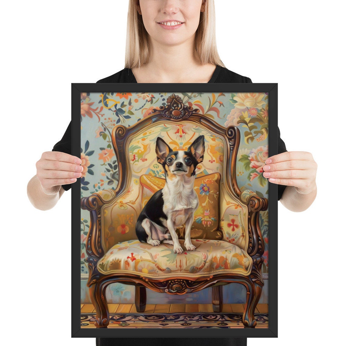 Elegant Chihuahua Dog Sitting On An Antique Chair In Oil Painting Style Framed Poster Chihuahua Portrait Dog Wall Art Wall Hanging - Image 2