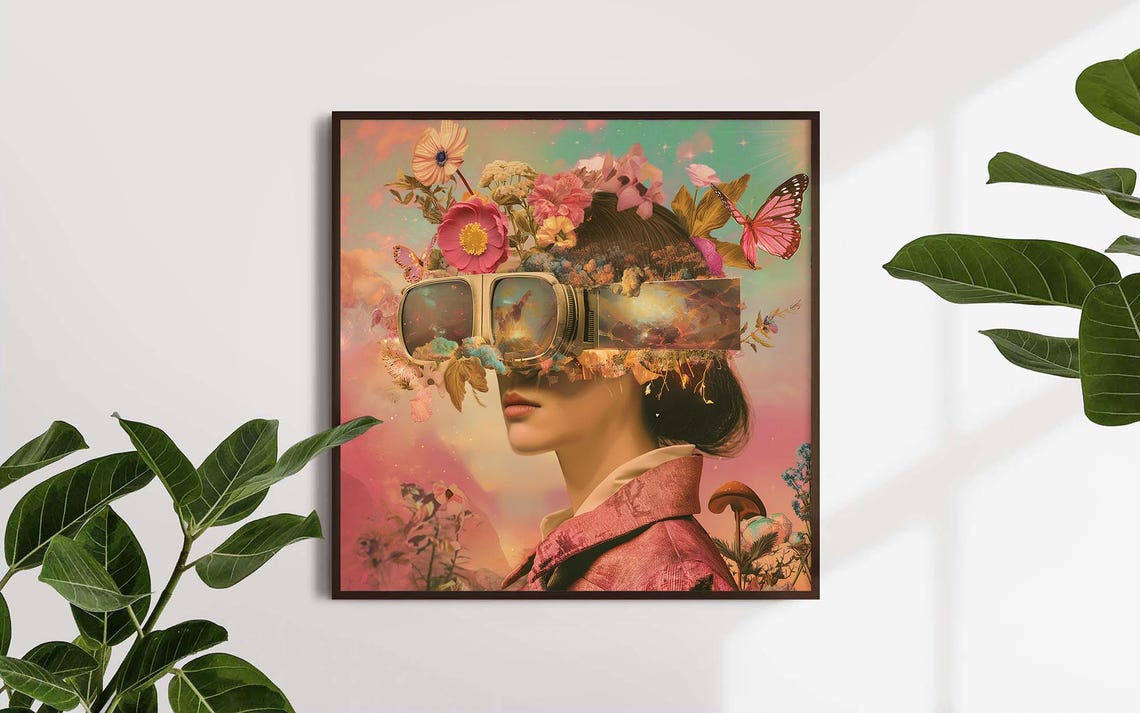 Futuristic Woman VR Goggles Floral Dream Surreal Collage Poster - Image 2