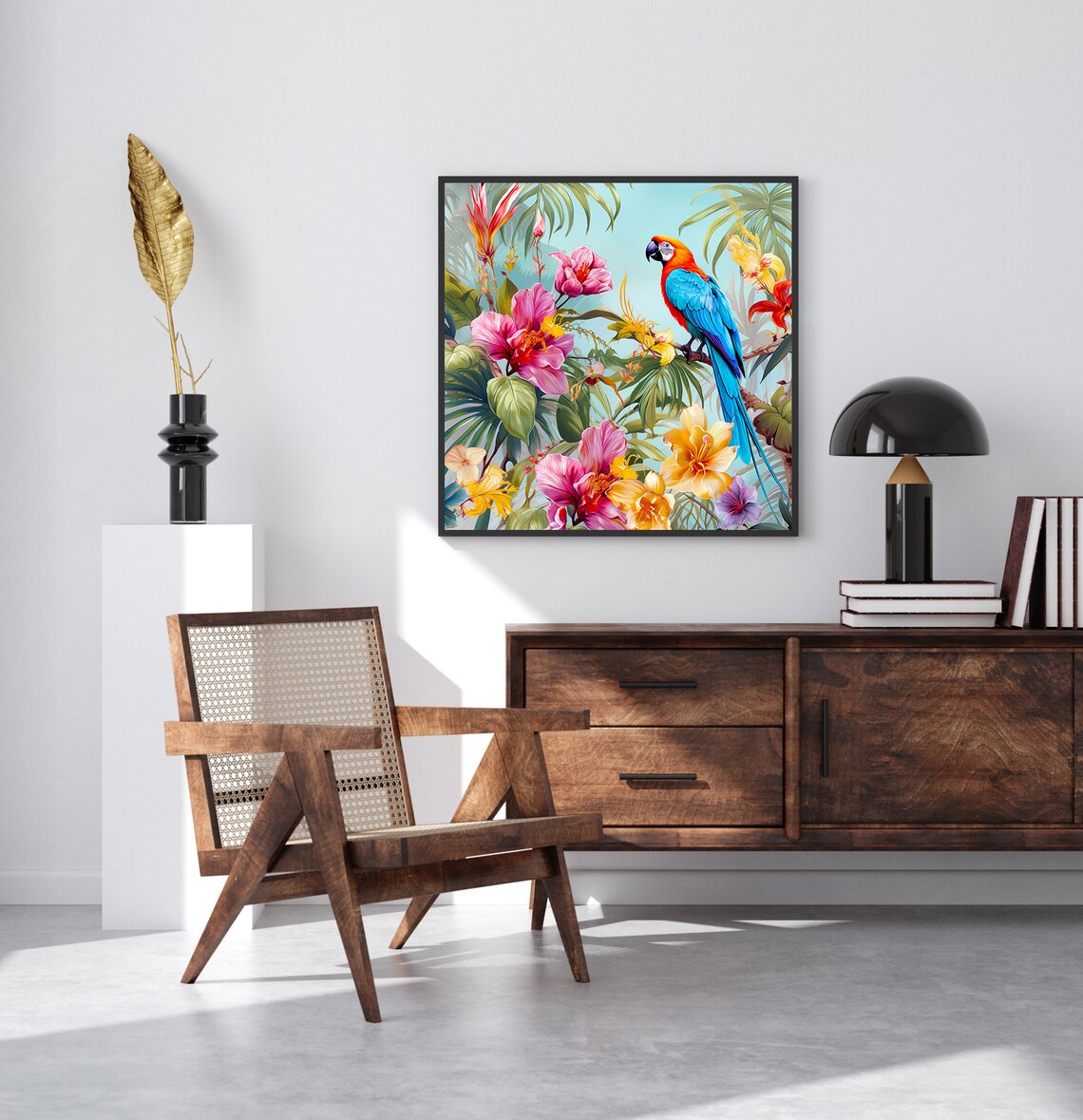 Scarlet Macaw Tropical Flowers Lush Parrot Paradise Garden Poster - Image 3