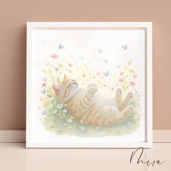 Orange Tabby Cat Sleeping In Wildflower Meadow Butterfly Poster