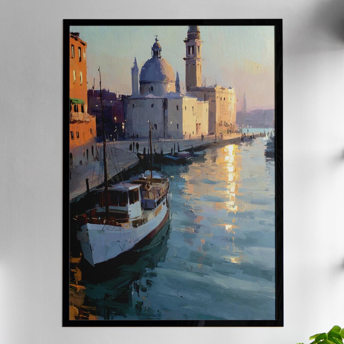 Venice Grand Canal Sunset Boats Watercolor Style Painting Poster