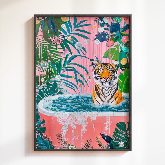 Tiger In Bathtub Art Print Bathroom Prints Tiger Botanical Prints Bathroom Decor Bathroom Wall Art Tiger Poster Trendy Decor Funny Posters