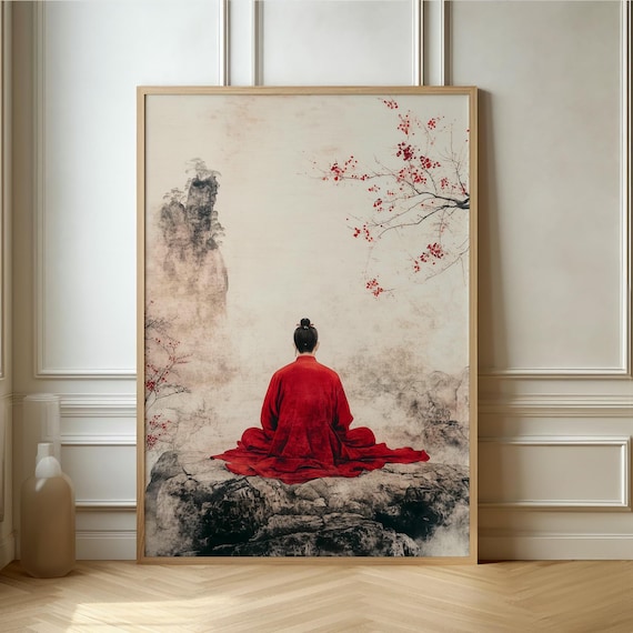 Monk Meditating in Red Robe Ink Wash Mountain Blossom Poster Art
