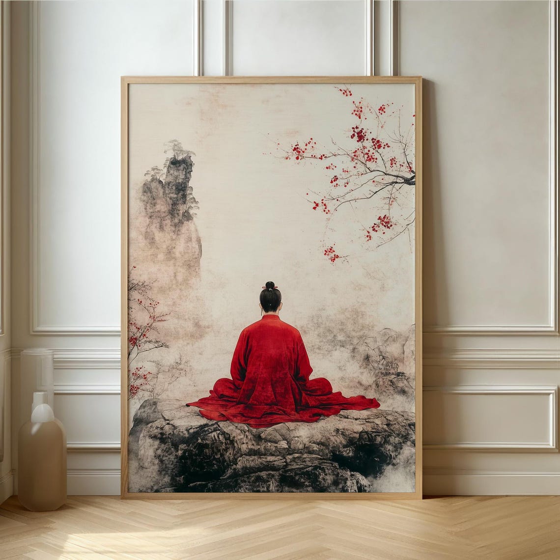 Tranquil Red Cloak Serene Eastern Inspired Wall Art Perfect For Zen And Minimalist Home Decor