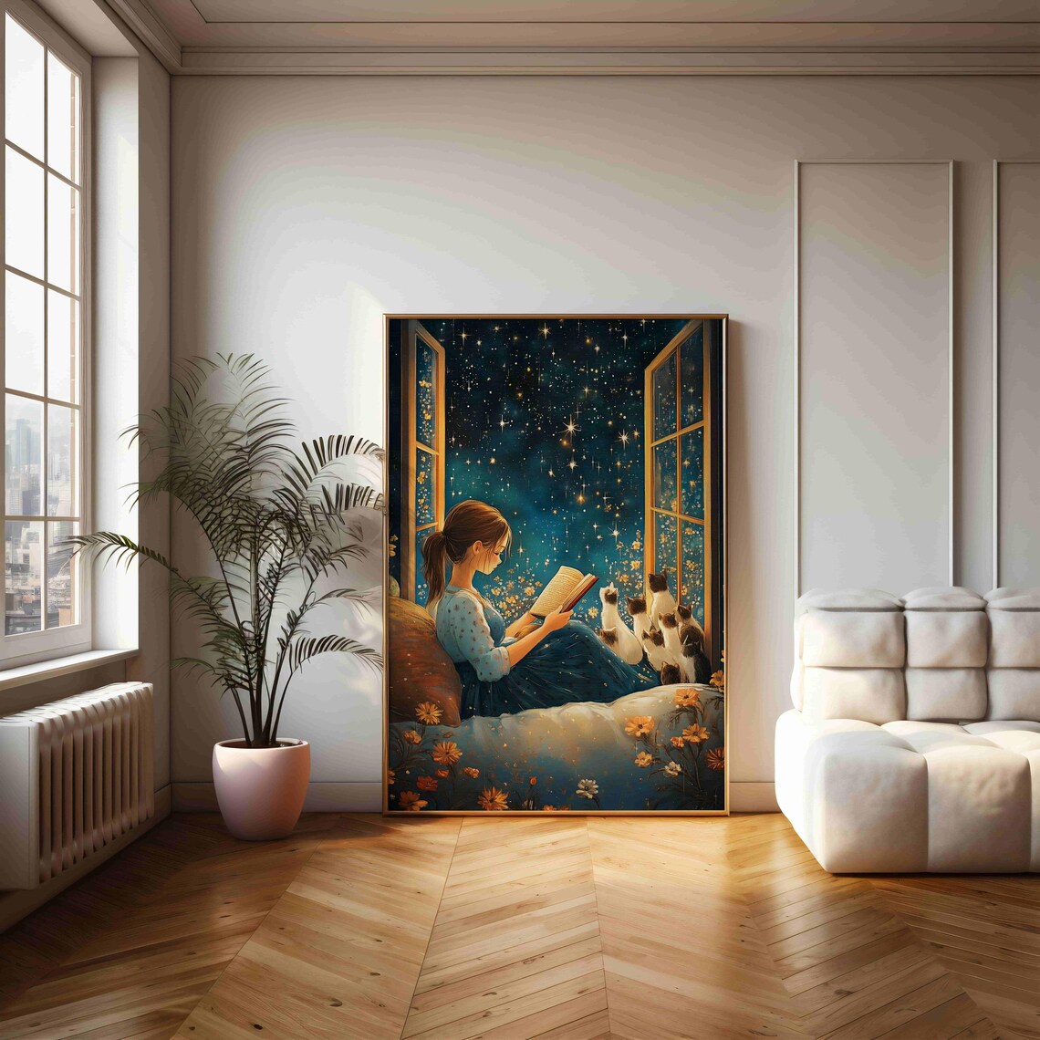 Girl Reading Under Starry Night Sky with Cats Illustration Poster - Image 2