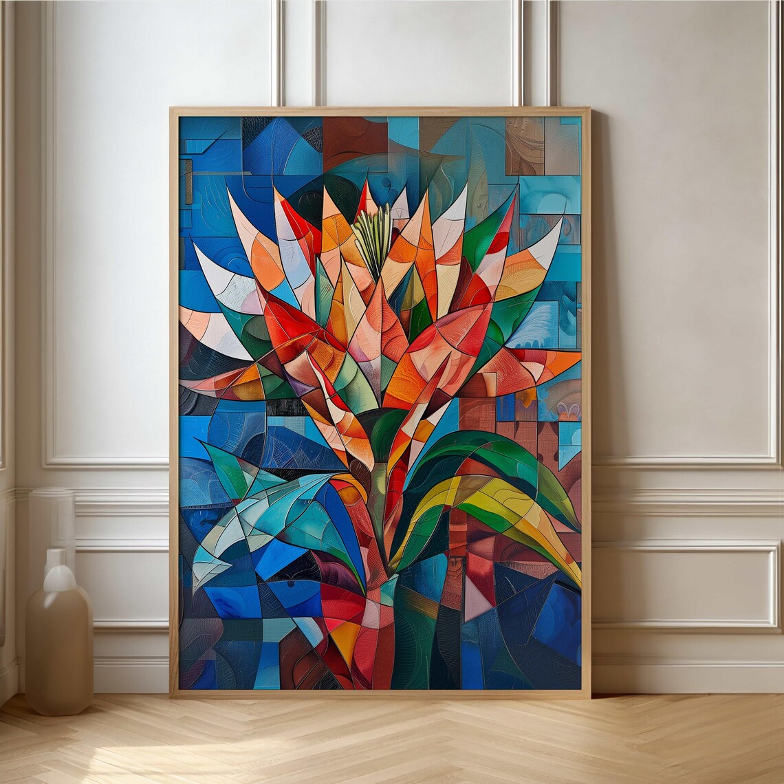 Cubist Geometric Protea Flower Fiery Red Blue Abstract Art Poster