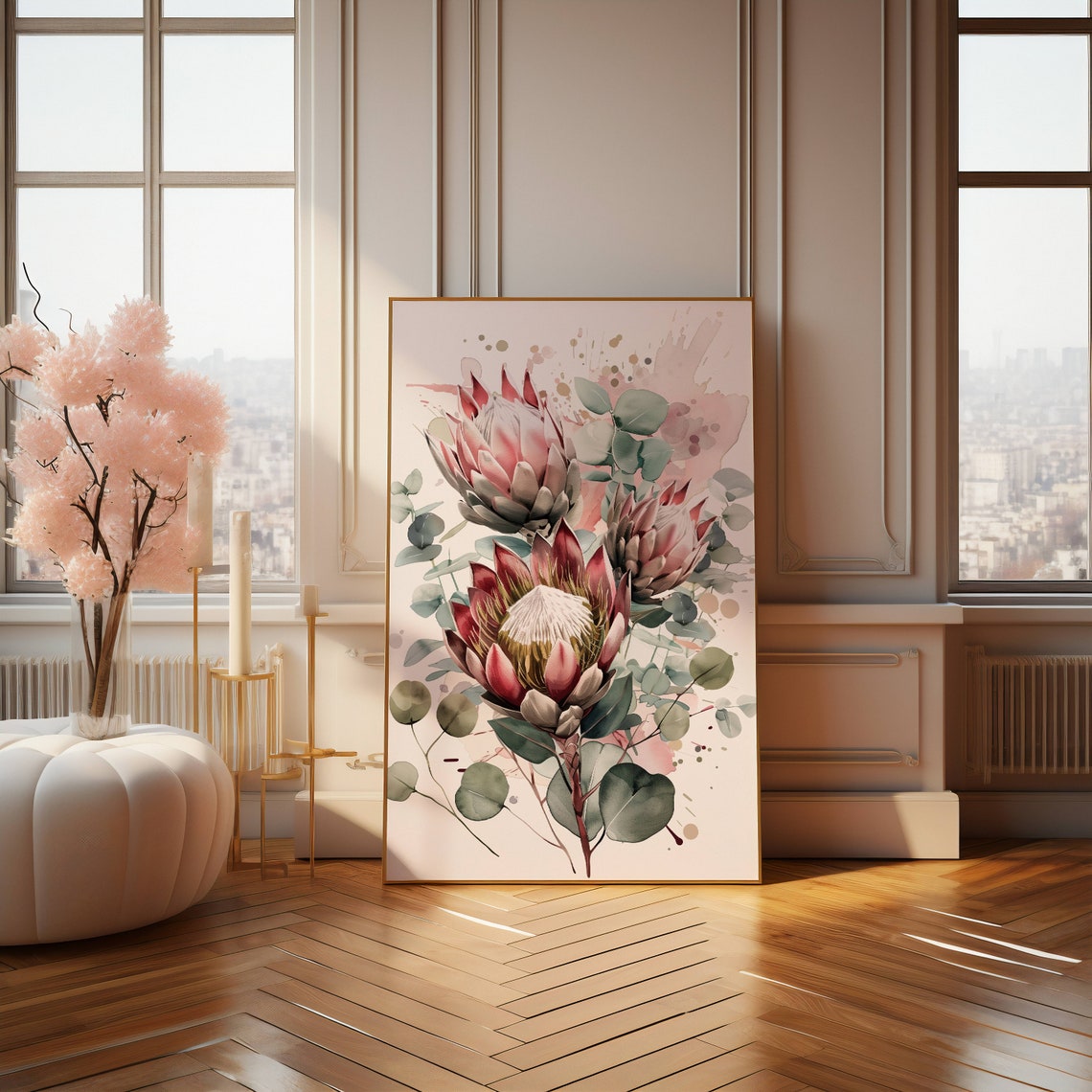 Pink King Protea Watercolor with Eucalyptus Botanical Art Poster - Image 2