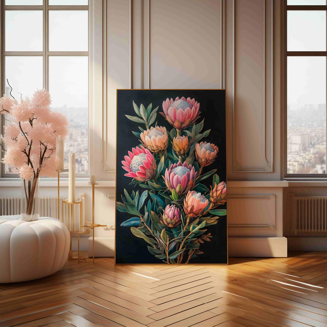 King Protea Flowers Bouquet On Black Exotic Botanical Art Print - Image 4