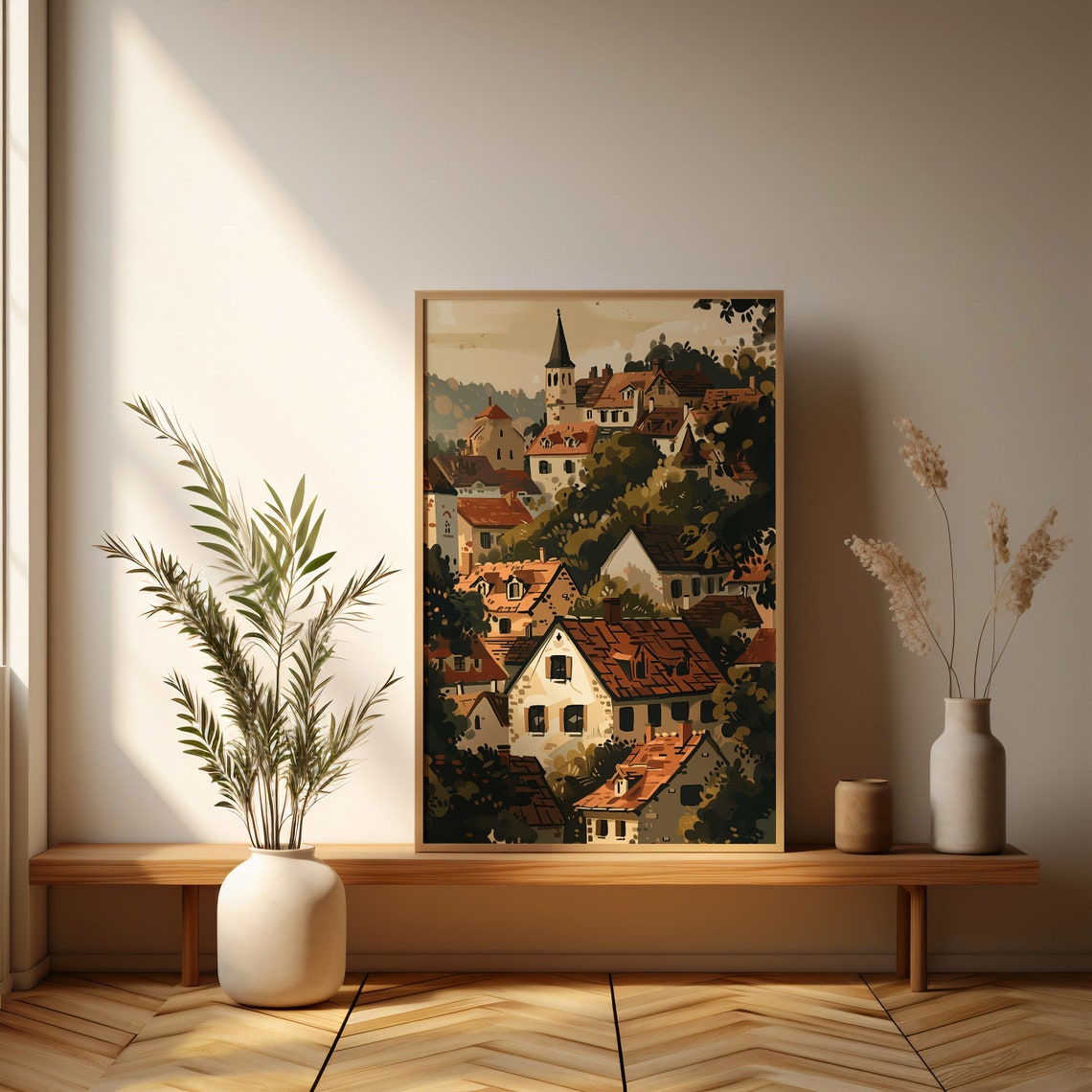 Cozy European Hillside Village Church Steeple Illustration Poster - Image 3