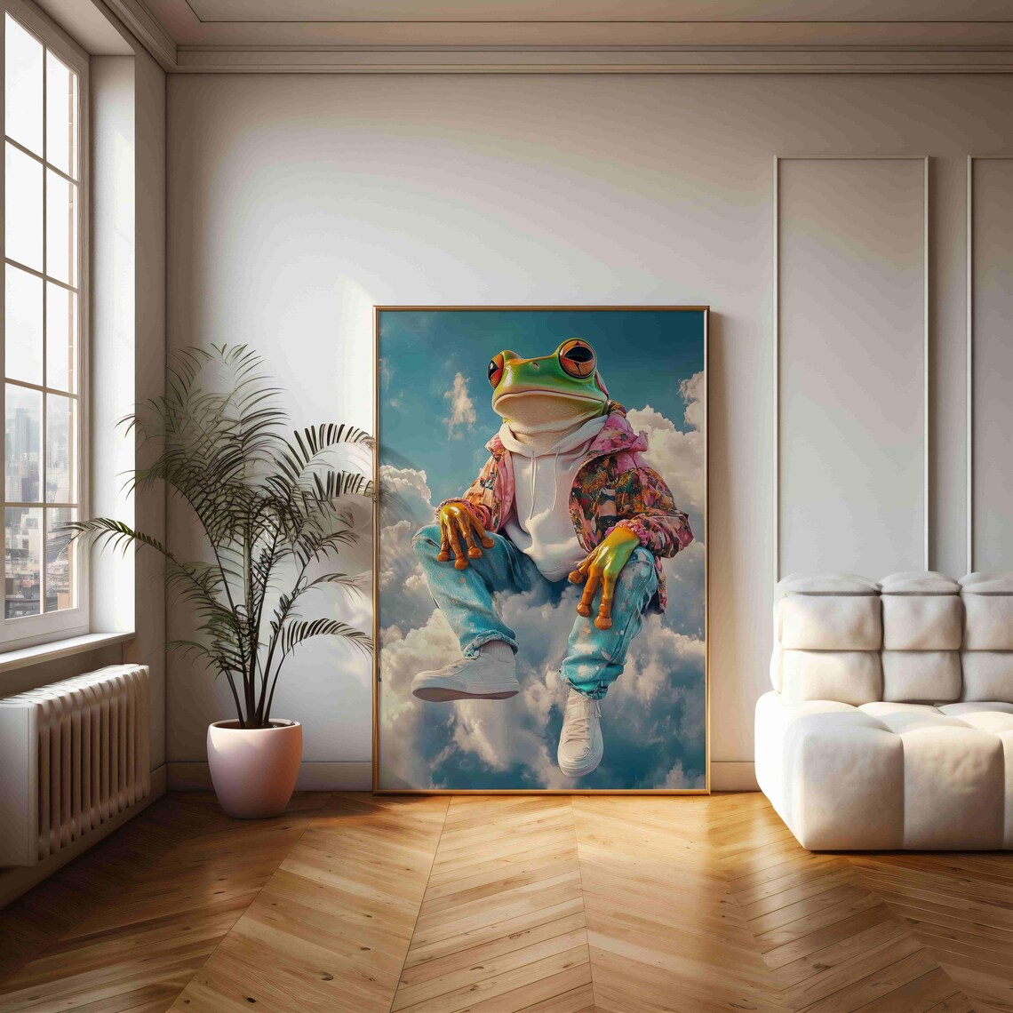 Funky Frog In Hoodie Sitting On Cloud Surreal Whimsical Art Poster - Image 2