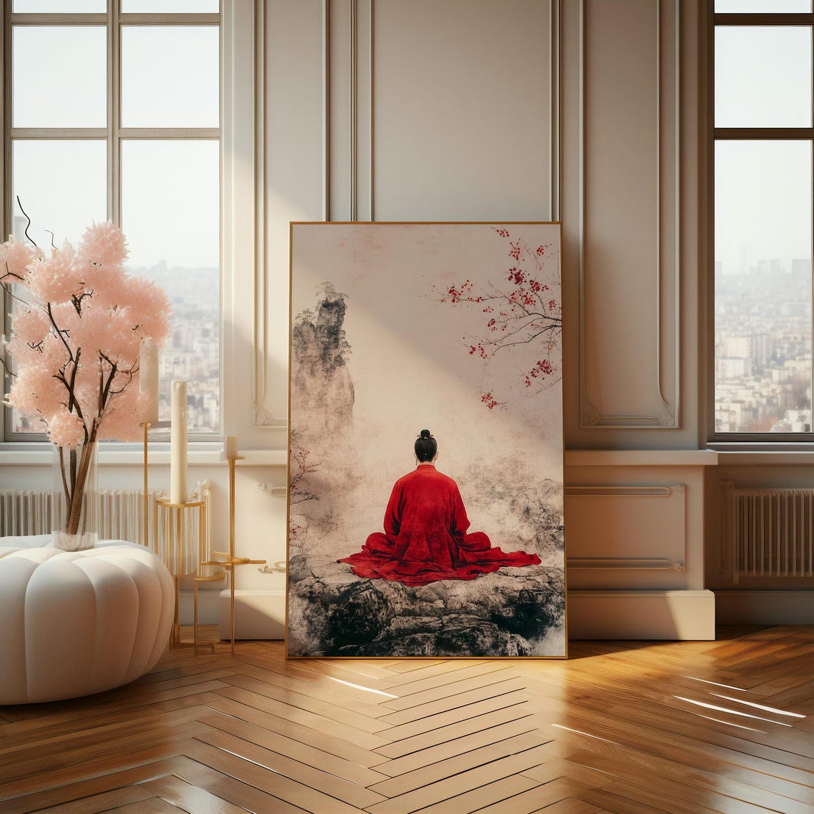 Monk Meditating in Red Robe Ink Wash Mountain Blossom Poster Art - Image 4