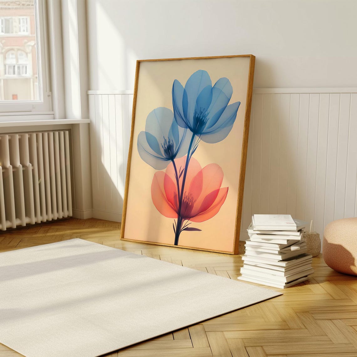 Ethereal Floral Elegance Soft Blue And Coral Flower Wall Art Perfect For Modern And Minimalist Decor - Image 5