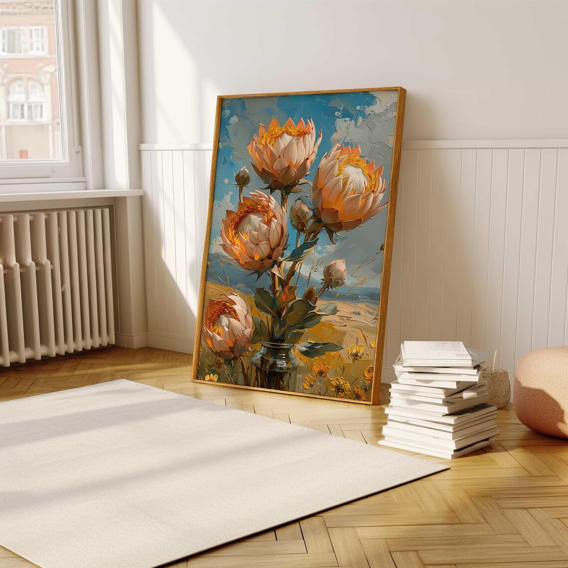 Peachy Protea Bouquet in a Vase Textured Oil Painting Poster - Image 5