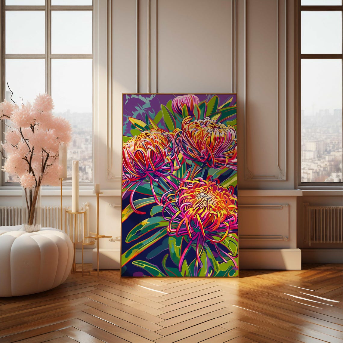 Vibrant Neon Chrysanthemum Blooms on Deep Purple Pop Art Poster - Image 4