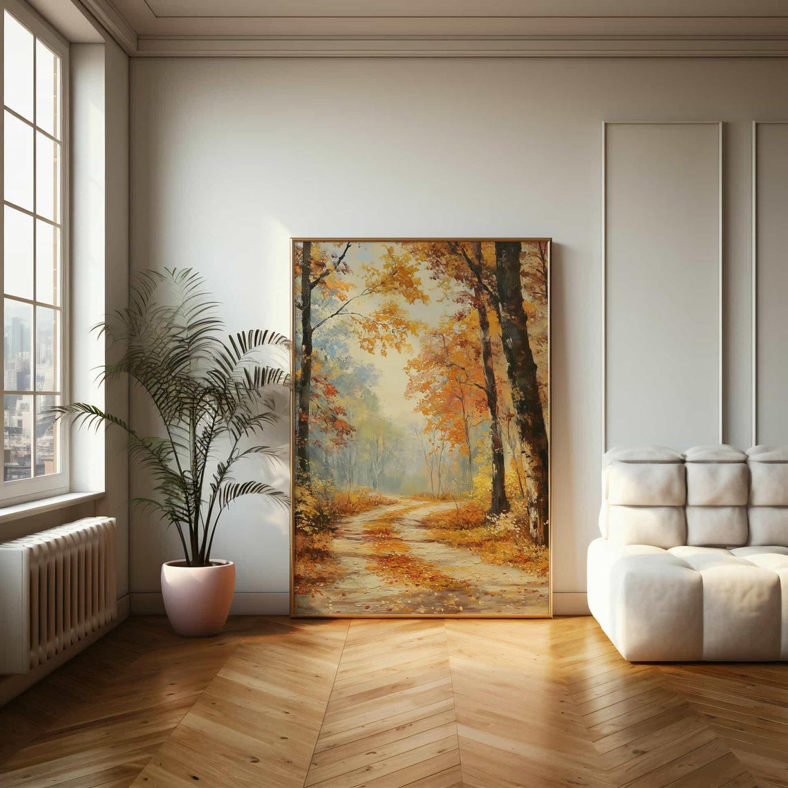 Golden Autumn Forest Path With Falling Leaves Oil Painting Poster - Image 2