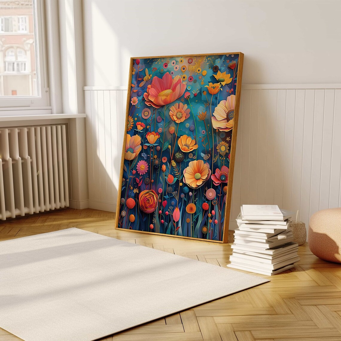 Midnight Blue Fantasy Blooming Flower Garden Mixed Media Art Poster - Image 5
