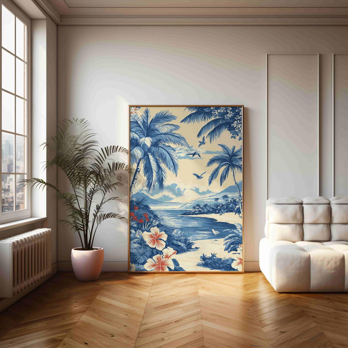 Blue And White Palm Beach Hibiscus Classic Chinoiserie Art Print - Image 2