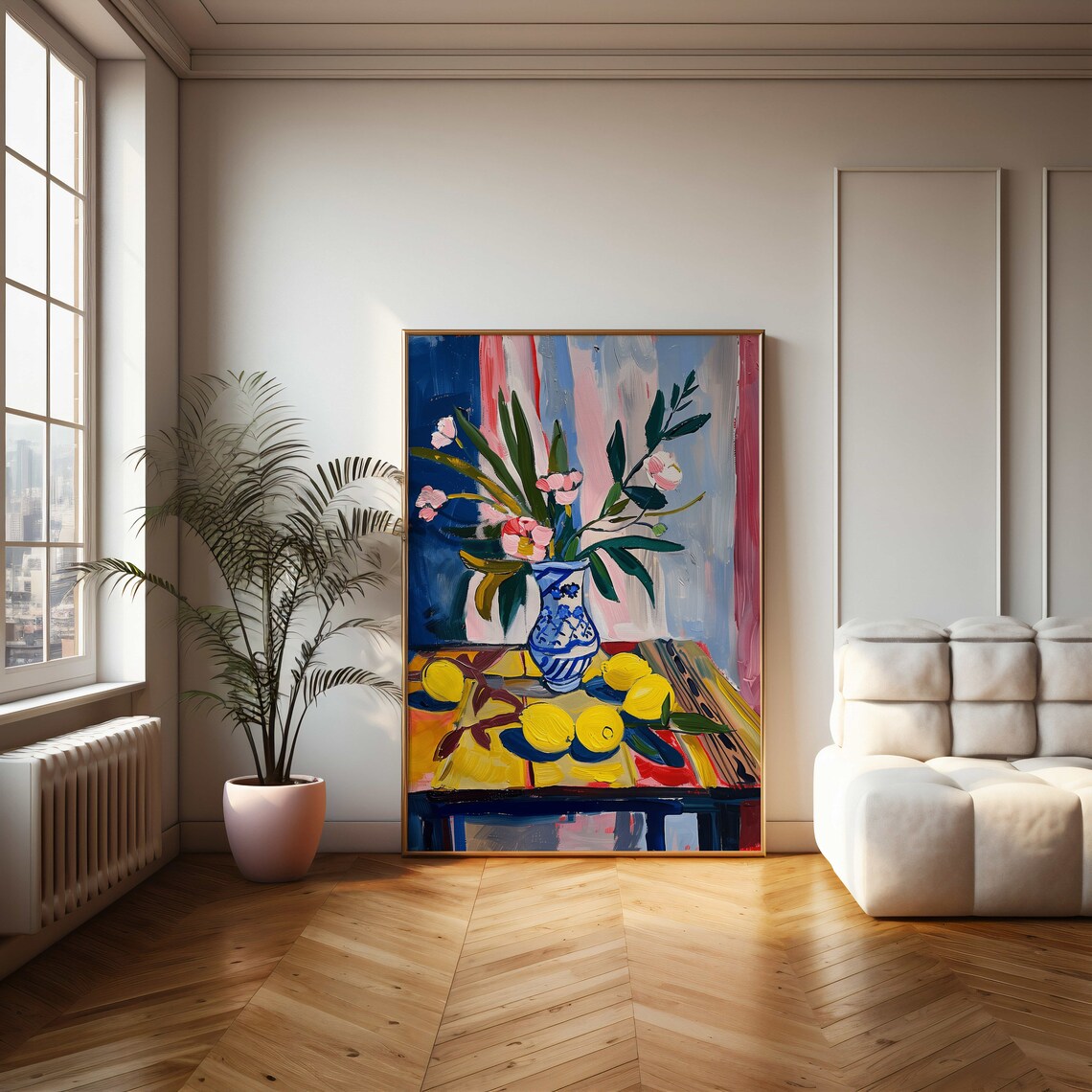 Lemons And Flowers In Blue Vase Colorful Still Life Painting Poster - Image 2