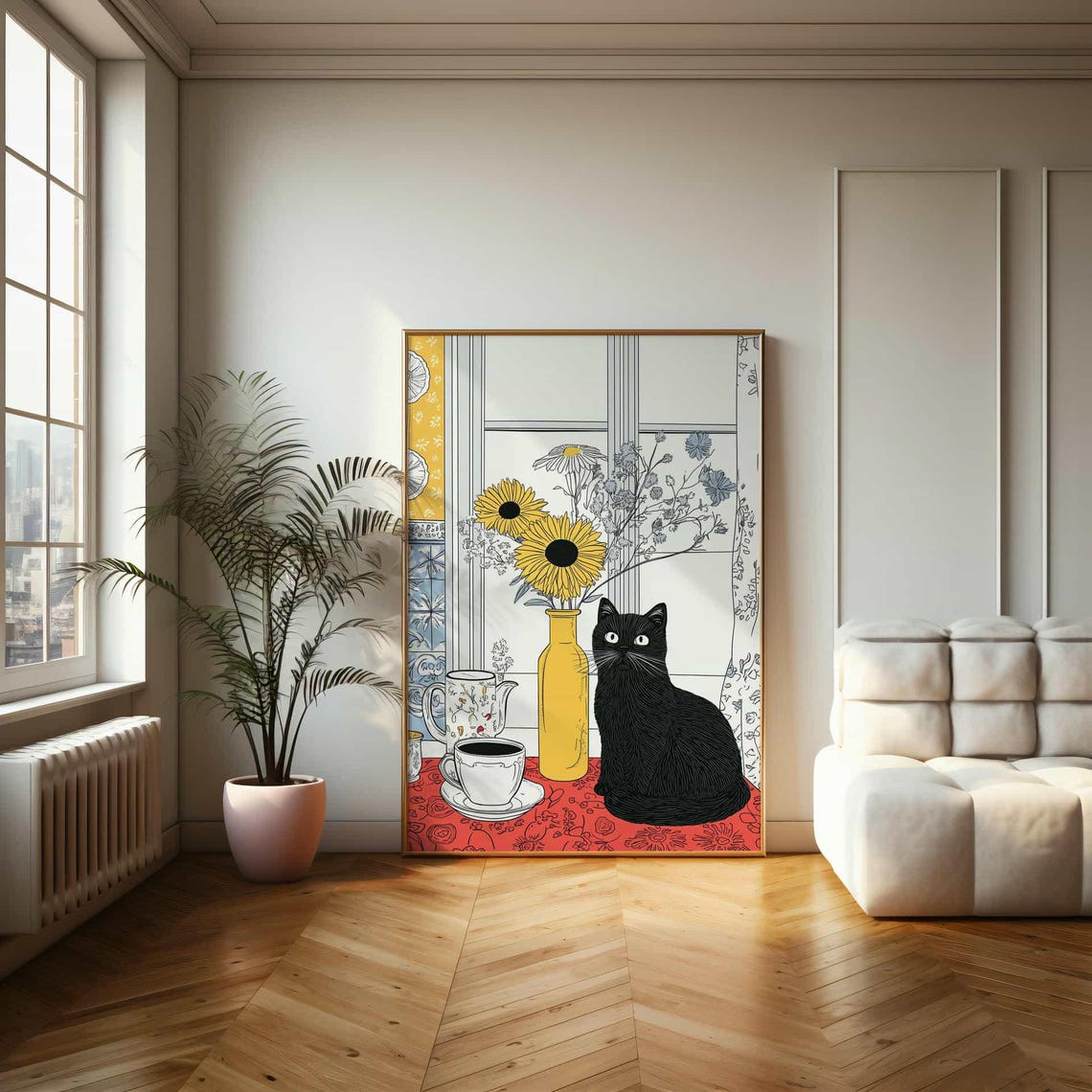 Black Cat with Coffee and Sunflowers Charming Window Scene Poster - Image 2