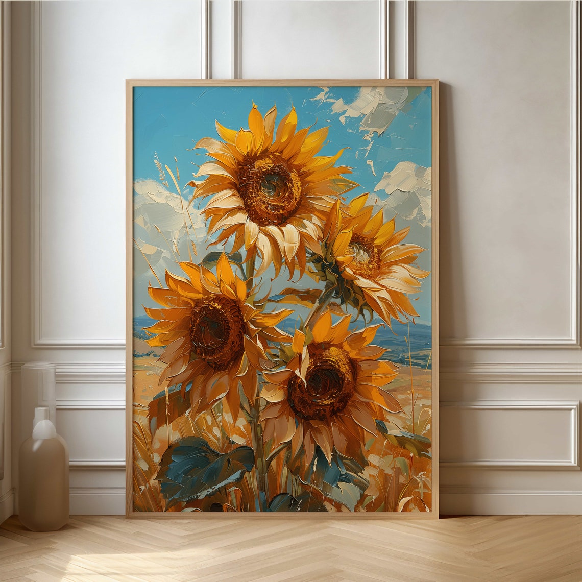 Golden Sunflowers Under a Bright Blue Sky Impressionist Poster