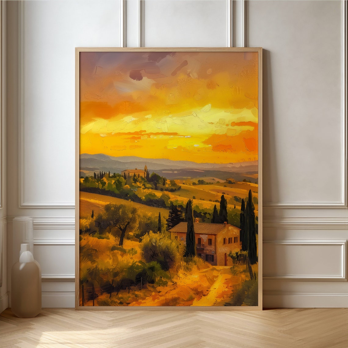 Tuscan Farmhouse at Sunset Among Cypress Trees and Hills Poster