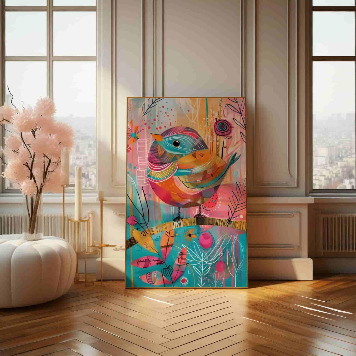Whimsical Rainbow Songbird Perched Abstract Doodle Art Poster - Image 3