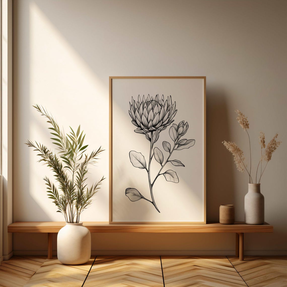 King Protea Minimalist Black White Botanical Line Art Poster - Image 3