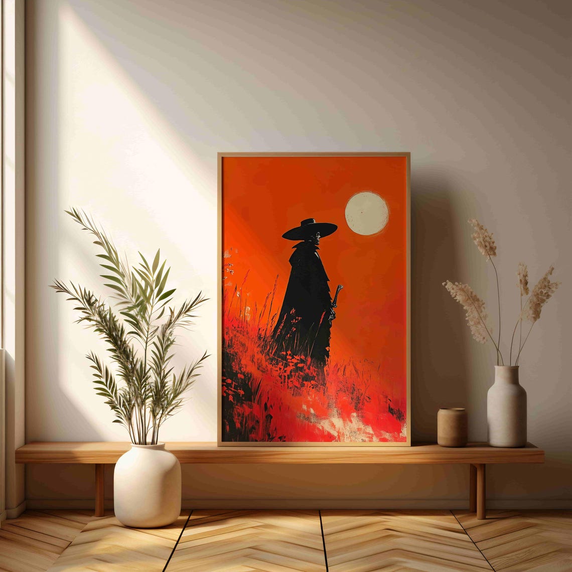 Lone Gunslinger Silhouette Against Blazing Orange Sunset Art Poster - Image 3