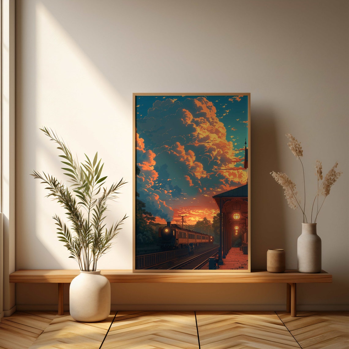 Steam Train Rolling Into a Fiery Orange Sunset Station Poster - Image 3