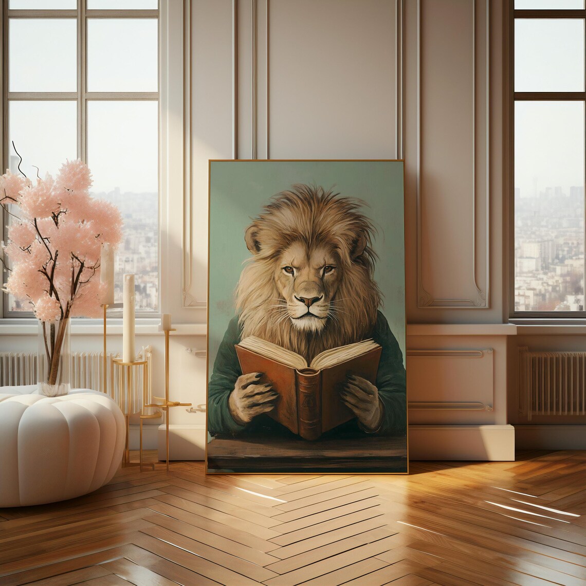 Majestic Lion Reading Book At Desk Quirky Vintage Style Poster - Image 4