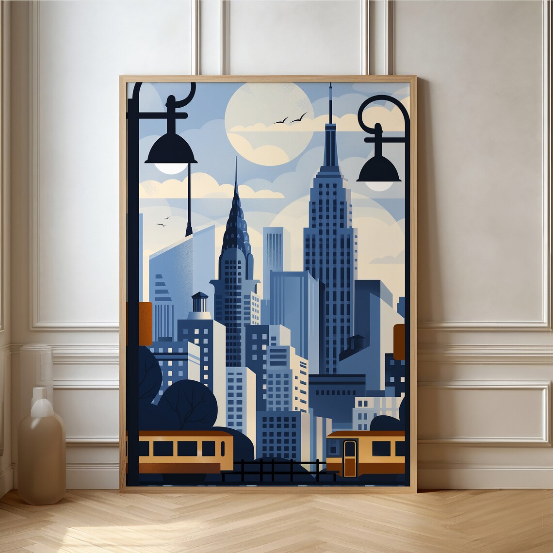 New York Skyline With Streetcar and Moon in Blue and Grey Poster