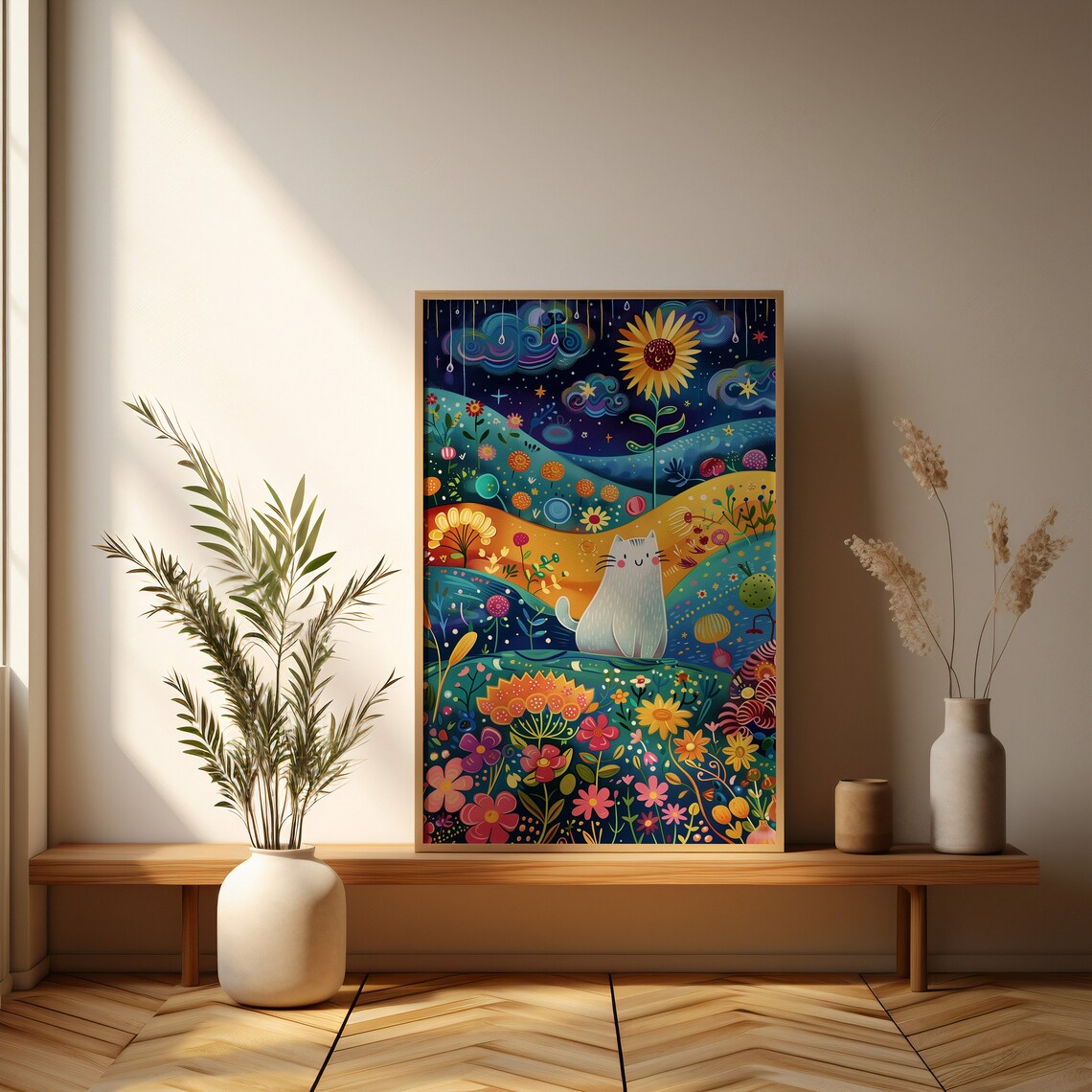 Whimsical Cat Fantasy Garden Night Scene Art Print - Image 3